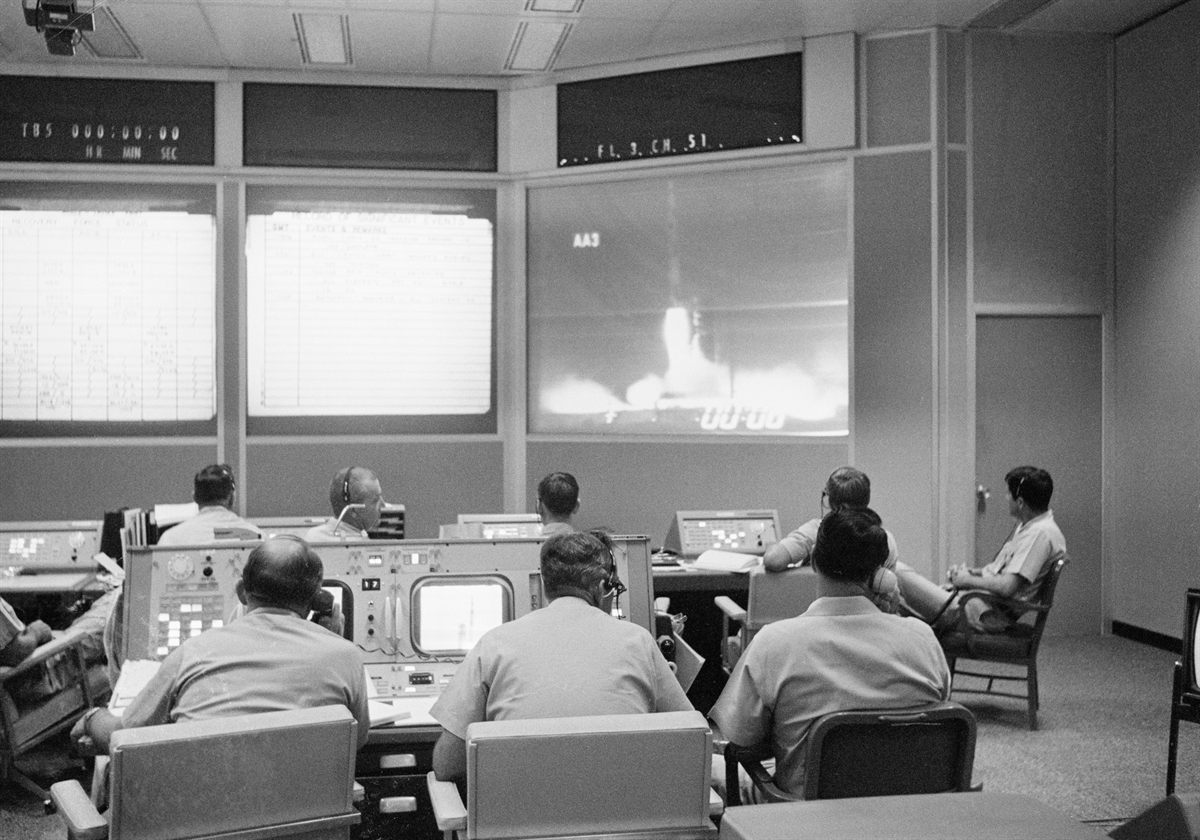Flight controllers in Houston Mission Control during the Apollo 11 launch
