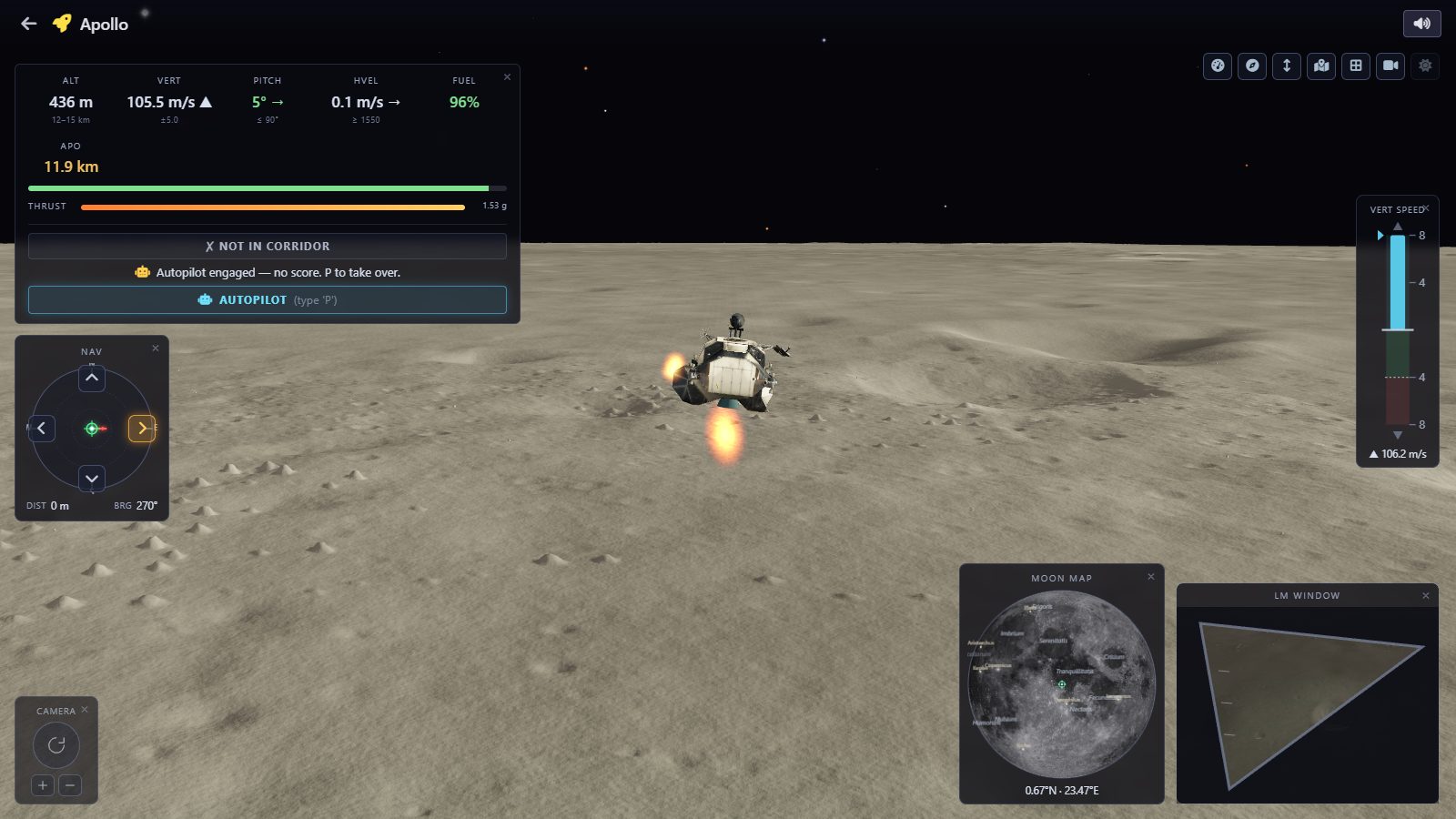 Lunar module ascent stage climbing away from the Moon's surface toward orbit in the Apollo ascent game