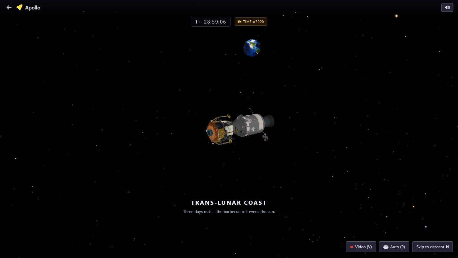 The docked Apollo command module and lunar module coasting to the Moon among the stars