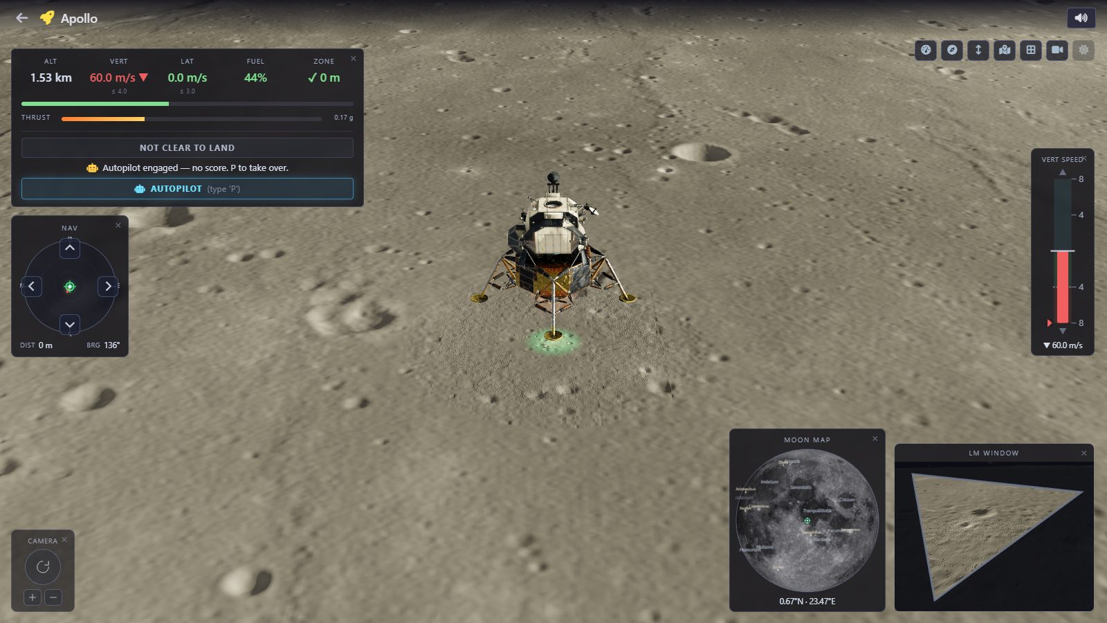 Lunar module descending toward Tranquility Base on real NASA terrain in the Moon landing game