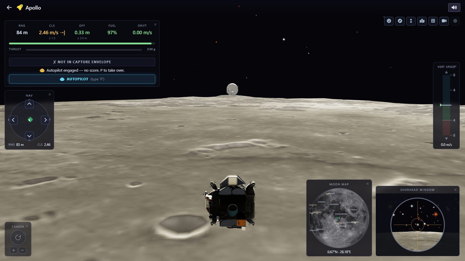 Lunar module approaching the Apollo command module over the Moon for rendezvous and docking