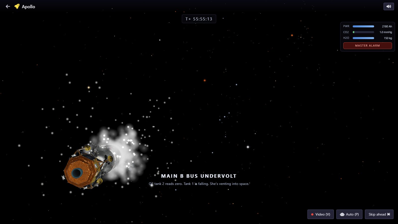 The Apollo 13 stack venting oxygen into space after the tank explosion, master alarm lit, in the Apollo 13 survival game