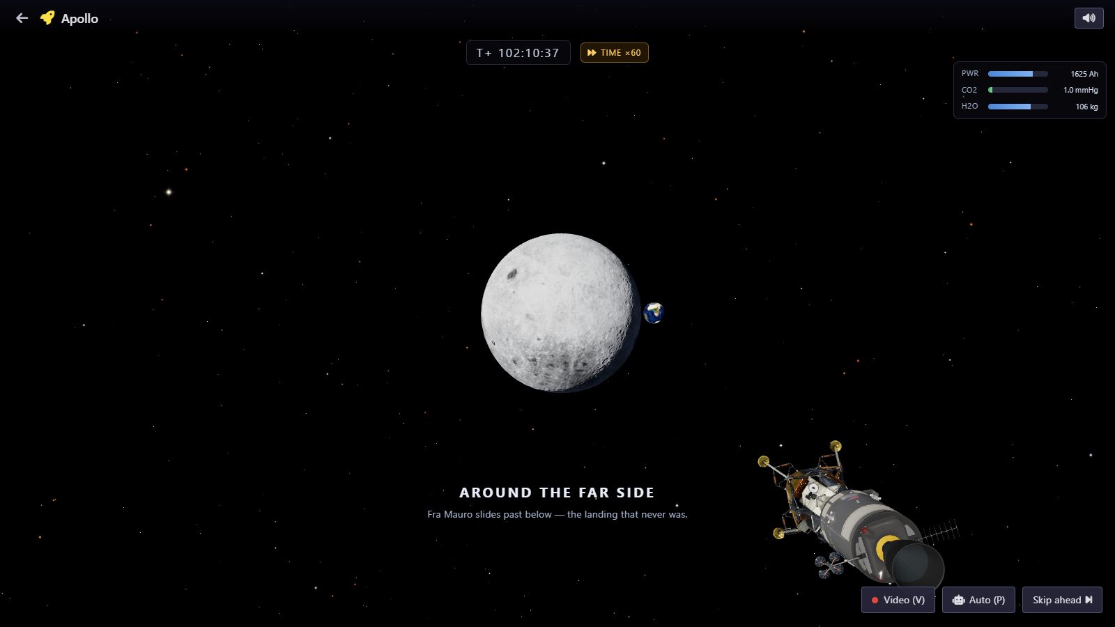 The Apollo 13 lifeboat stack rounding the far side of the Moon on the free-return trajectory in the Apollo 13 survival game