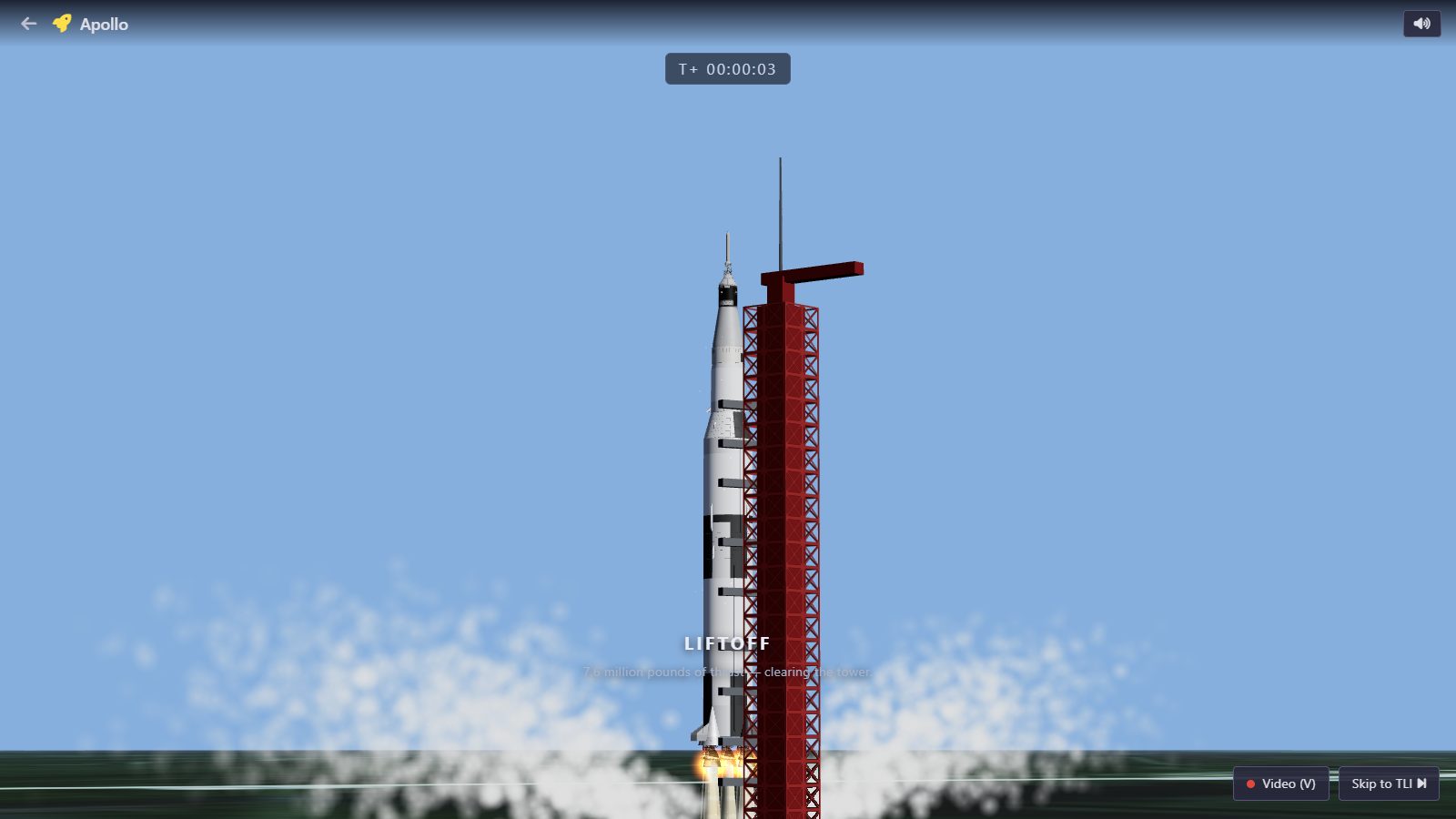 Saturn V rocket igniting on Launch Complex 39A in the Apollo launch simulator game