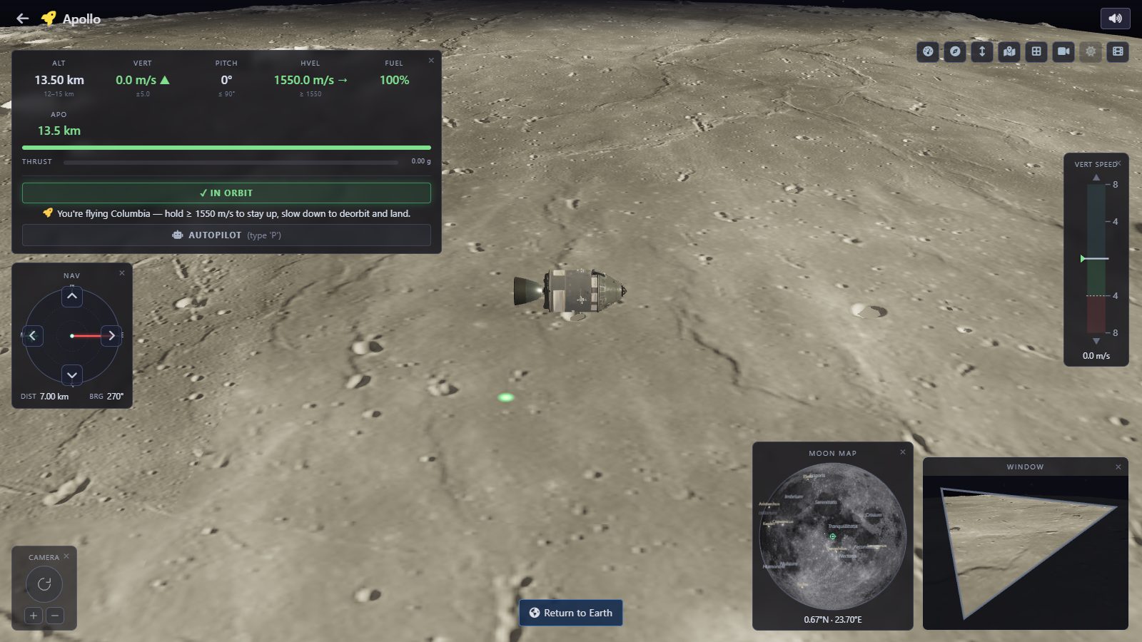 Apollo command module Columbia coasting in lunar orbit over the Moon's craters after the rendezvous