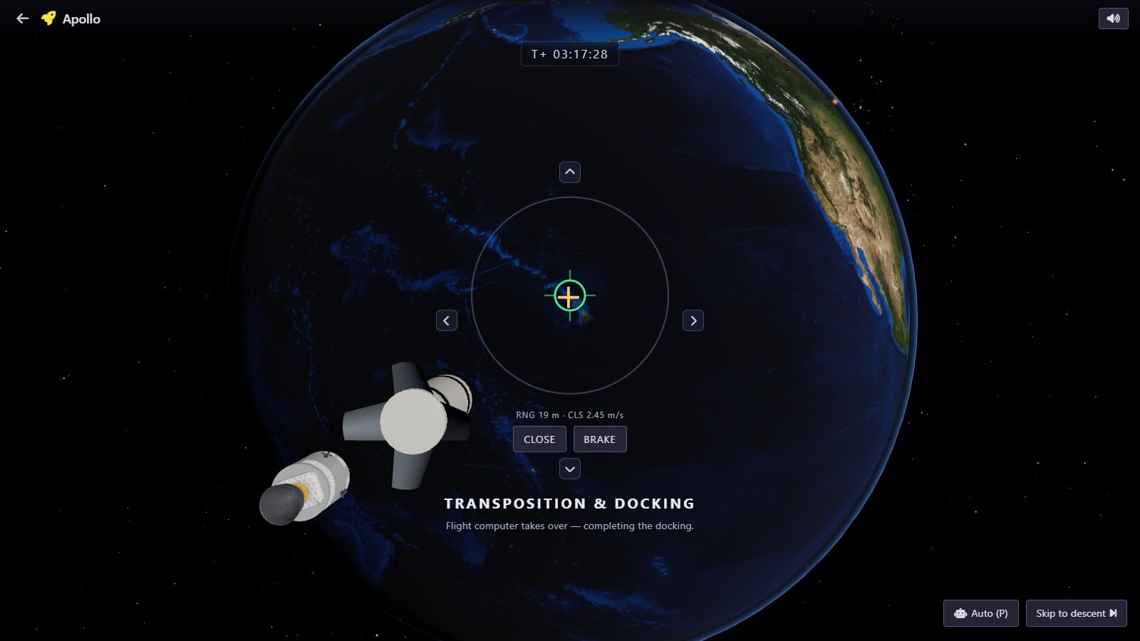 Transposition and docking with the lunar module above Earth in the Apollo game's trans-lunar coast