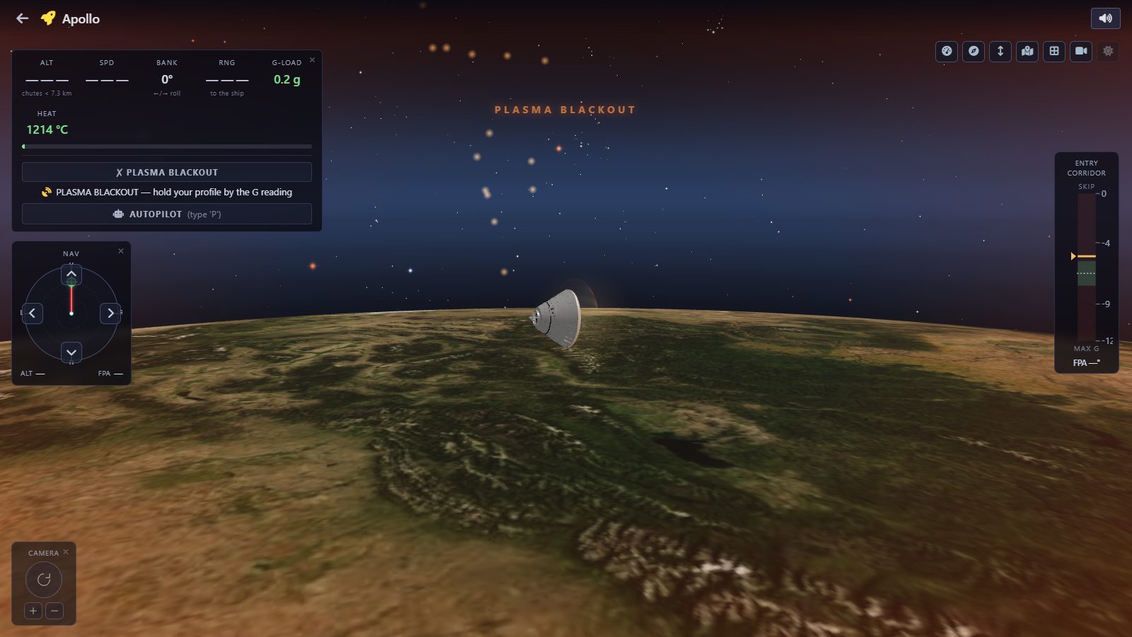 Apollo capsule in plasma blackout during atmospheric reentry over Earth in the reentry game