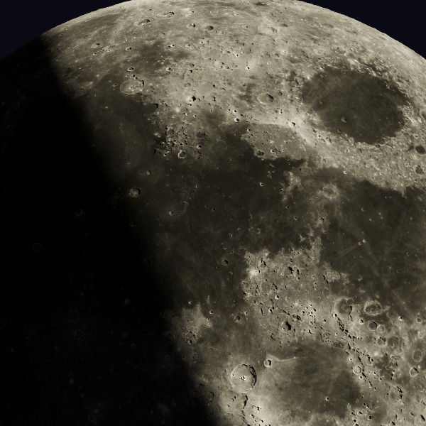 Mare Tranquillitatis — relief close-up under low, raking sunlight near the terminator