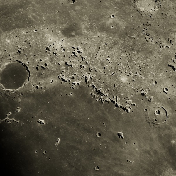 Montes Alpes — relief close-up under low, raking sunlight near the terminator
