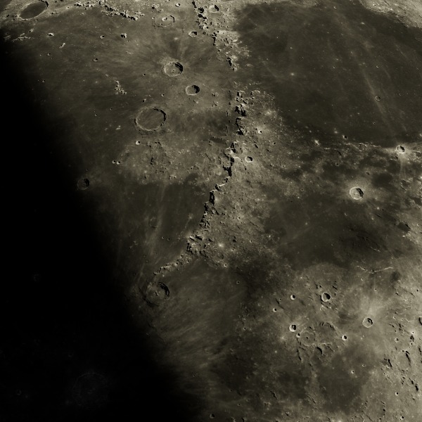 Montes Apenninus — relief close-up under low, raking sunlight near the terminator