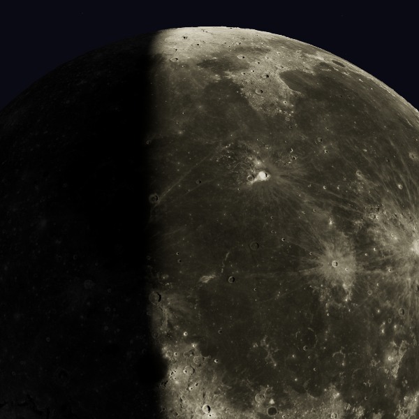 Oceanus Procellarum — relief close-up under low, raking sunlight near the terminator