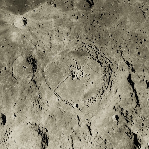 Petavius — relief close-up under low, raking sunlight near the terminator