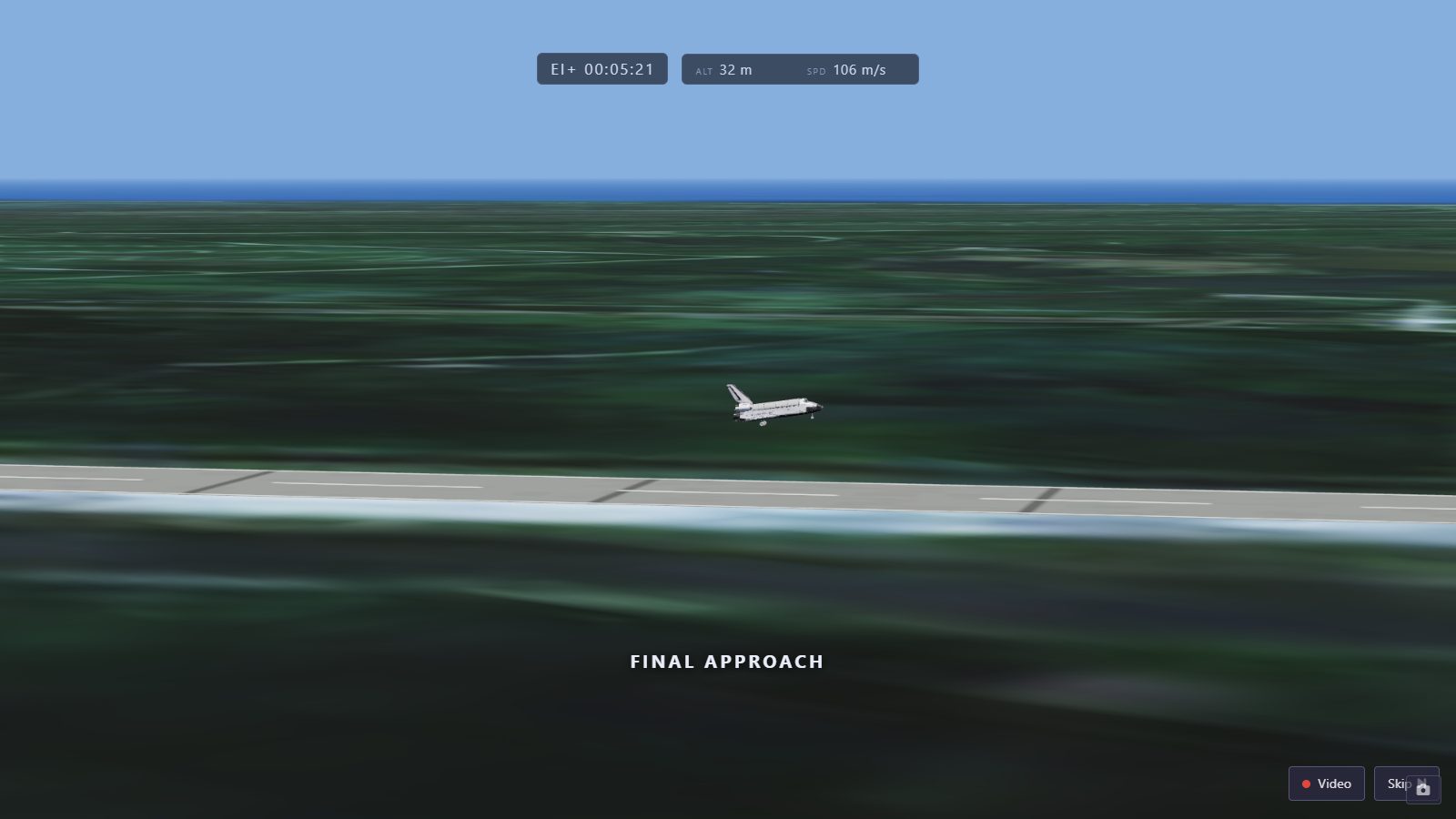 Space Shuttle orbiter on steep final approach to the Shuttle Landing Facility runway