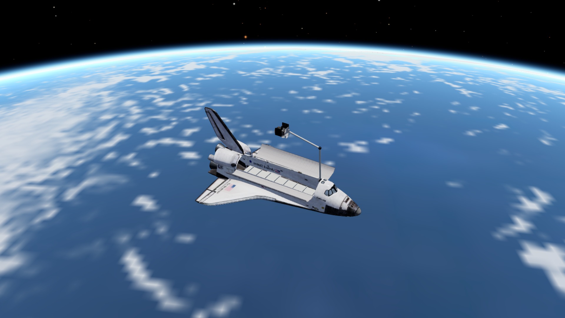Space Shuttle with its payload bay open and a satellite raised on the robotic arm above Earth
