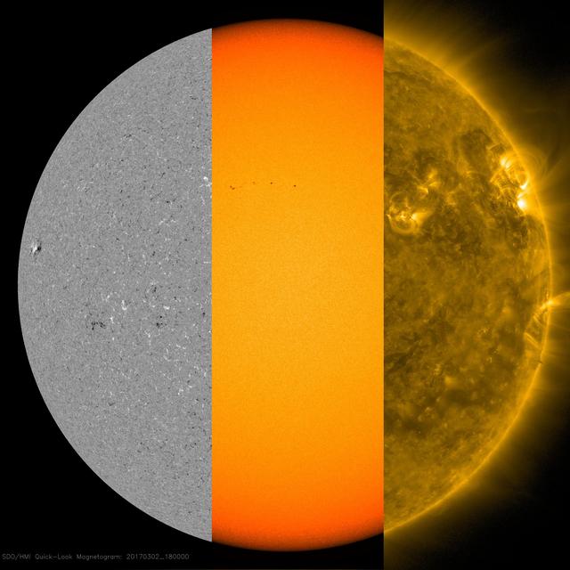 SDO three-panel comparison: magnetogram, white light (HMI), and extreme UV (AIA 171) of the same solar region (NASA/SDO)