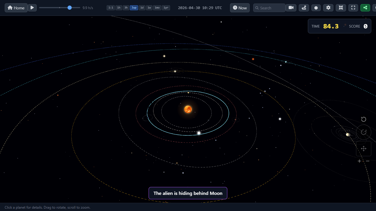 Alien Hunt: 3D planetarium view with the timer and score HUD in the corner and a banner naming the host body