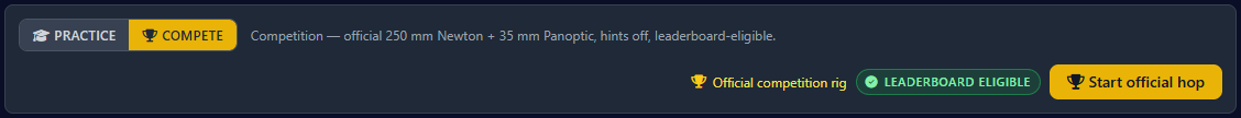 Competition mode setup bar: Compete tab active with trophy icon, scope/eyepiece dropdowns hidden, 'Official competition rig' caption, LEADERBOARD READY chip, and Start official hop button