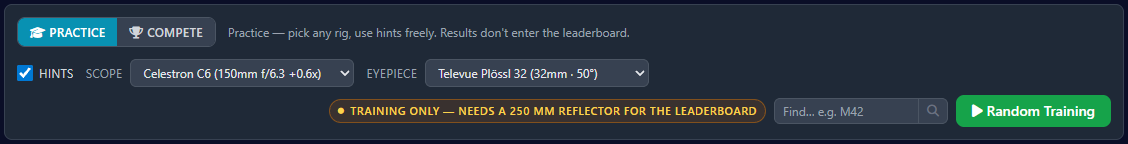 Practice mode setup bar: cyan PRACTICE tab active, Hints checkbox enabled, user's own scope and eyepiece dropdowns shown, amber 'TRAINING ONLY — needs a 250 mm reflector for the leaderboard' chip, search input, and Random Training button
