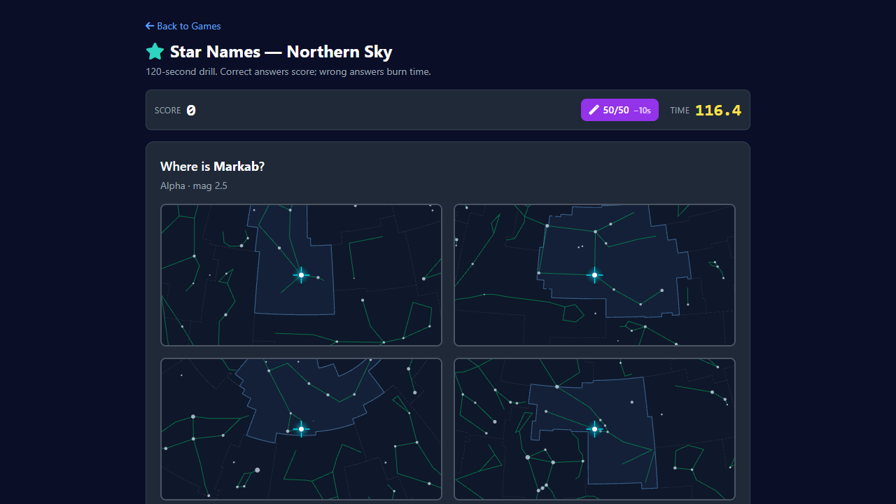 Star Names quiz: a Where-is-? question with four constellation chart regions to choose from, score and timer above
