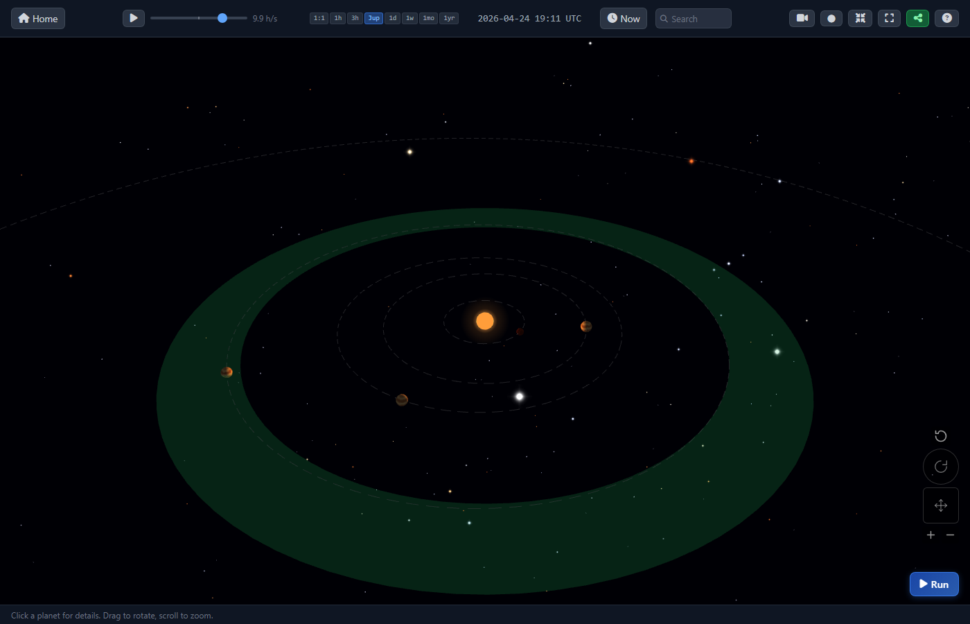 Interactive 3D orrery of the 55 Cancri system — a central orange star with five planets on concentric orbits, the wide green band marking the habitable zone, set against a deep starfield background