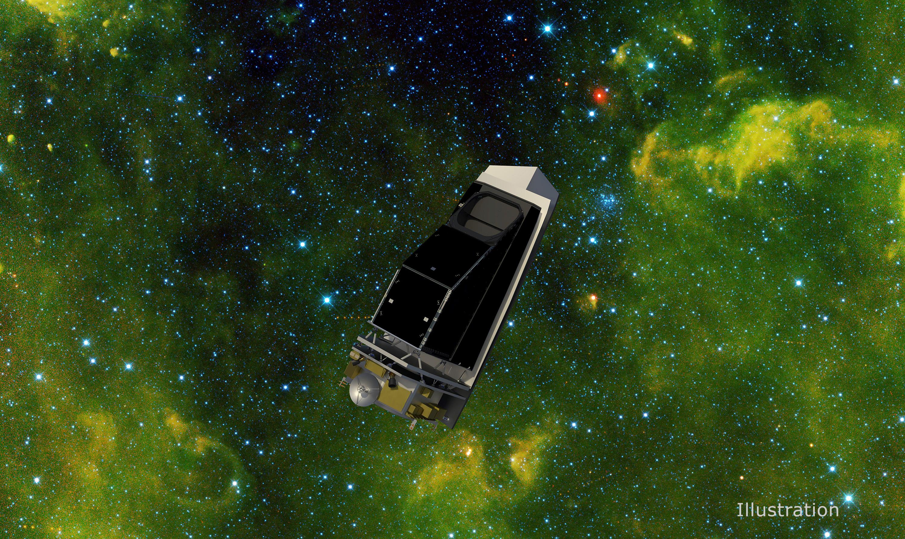 Illustration of NEO Surveyor spacecraft scanning for near-Earth asteroids